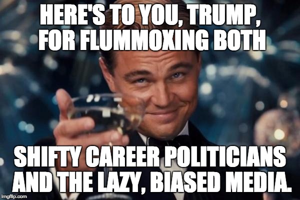 Leonardo Dicaprio Cheers Meme | HERE'S TO YOU, TRUMP, FOR FLUMMOXING BOTH SHIFTY CAREER POLITICIANS AND THE LAZY, BIASED MEDIA. | image tagged in memes,leonardo dicaprio cheers | made w/ Imgflip meme maker