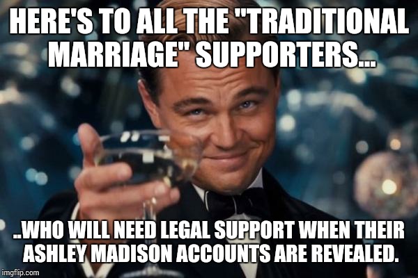 Leonardo Dicaprio Cheers | HERE'S TO ALL THE "TRADITIONAL MARRIAGE" SUPPORTERS... ..WHO WILL NEED LEGAL SUPPORT WHEN THEIR ASHLEY MADISON ACCOUNTS ARE REVEALED. | image tagged in memes,leonardo dicaprio cheers | made w/ Imgflip meme maker