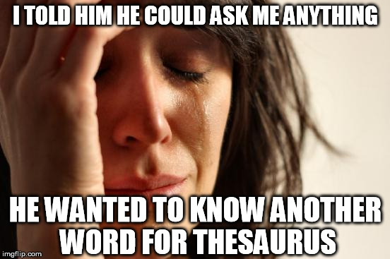 First World Problems Meme | I TOLD HIM HE COULD ASK ME ANYTHING HE WANTED TO KNOW ANOTHER WORD FOR THESAURUS | image tagged in memes,first world problems | made w/ Imgflip meme maker