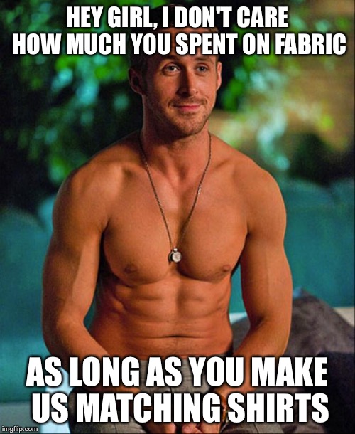 Hey girl | HEY GIRL, I DON'T CARE HOW MUCH YOU SPENT ON FABRIC AS LONG AS YOU MAKE US MATCHING SHIRTS | image tagged in hey girl | made w/ Imgflip meme maker