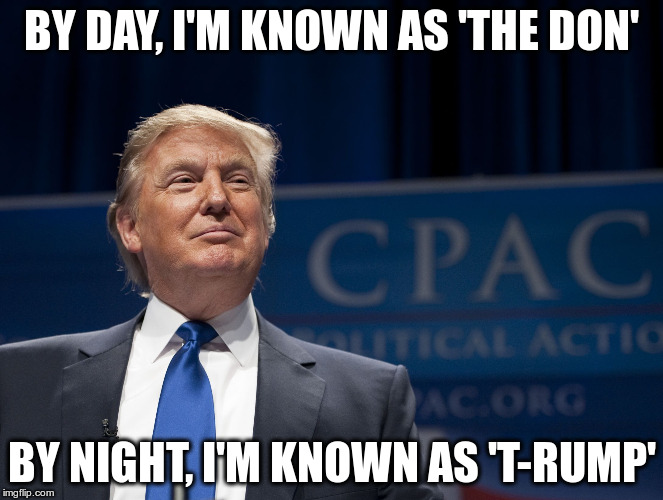 Trump Pic | BY DAY, I'M KNOWN AS 'THE DON' BY NIGHT, I'M KNOWN AS 'T-RUMP' | image tagged in trump pic | made w/ Imgflip meme maker