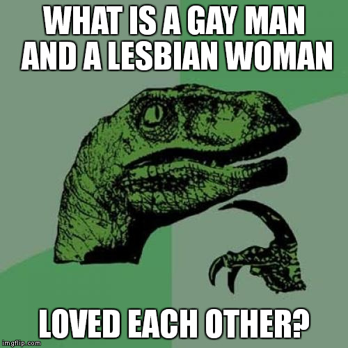 Philosoraptor | WHAT IS A GAY MAN AND A LESBIAN WOMAN LOVED EACH OTHER? | image tagged in memes,philosoraptor | made w/ Imgflip meme maker
