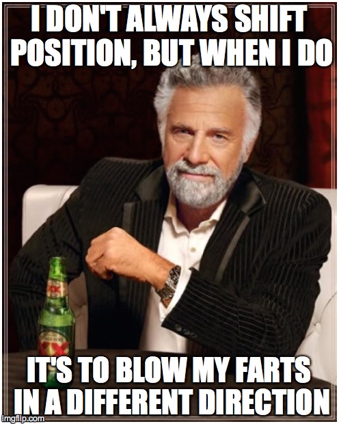 Image Flipped | I DON'T ALWAYS SHIFT POSITION, BUT WHEN I DO IT'S TO BLOW MY FARTS IN A DIFFERENT DIRECTION | image tagged in the most interesting man in the world | made w/ Imgflip meme maker