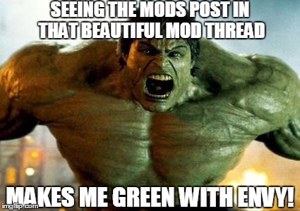hulk | SEEING THE MODS POST IN THAT BEAUTIFUL MOD THREAD MAKES ME GREEN WITH ENVY! | image tagged in hulk | made w/ Imgflip meme maker