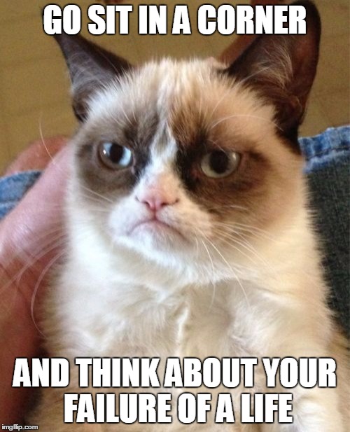 Grumpy Cat | GO SIT IN A CORNER AND THINK ABOUT YOUR FAILURE OF A LIFE | image tagged in memes,grumpy cat | made w/ Imgflip meme maker