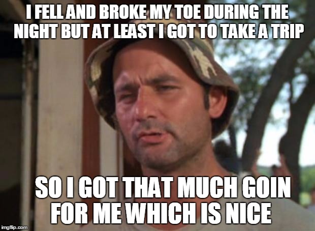 So I Got That Goin For Me Which Is Nice Meme | I FELL AND BROKE MY TOE DURING THE NIGHT BUT AT LEAST I GOT TO TAKE A TRIP SO I GOT THAT MUCH GOIN FOR ME WHICH IS NICE | image tagged in memes,so i got that goin for me which is nice | made w/ Imgflip meme maker