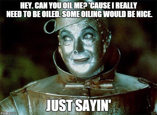 Tin Man just sayin' | HEY. CAN YOU OIL ME? 'CAUSE I REALLY NEED TO BE OILED. SOME OILING WOULD BE NICE. JUST SAYIN' | image tagged in tin man just sayin' | made w/ Imgflip meme maker
