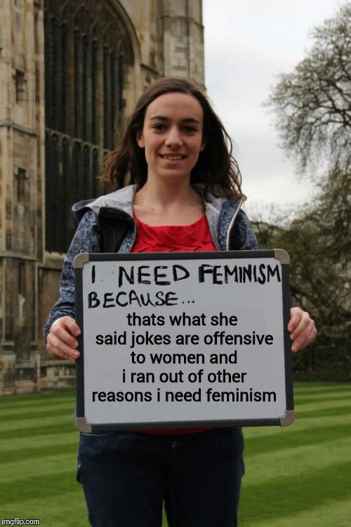 I need femtardation because | thats what she said jokes are offensive to women and i ran out of other reasons i need feminism | image tagged in i need femtardation because | made w/ Imgflip meme maker