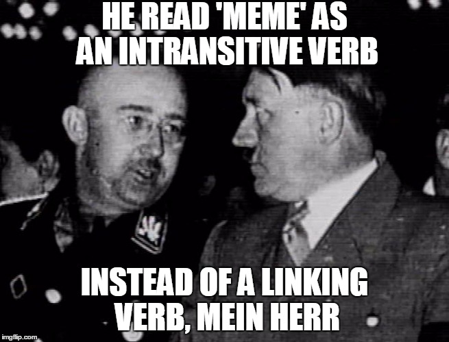 Grammar Nazis Himmler and Hitler | HE READ 'MEME' AS AN INTRANSITIVE VERB INSTEAD OF A LINKING VERB, MEIN HERR | image tagged in grammar nazis himmler and hitler | made w/ Imgflip meme maker