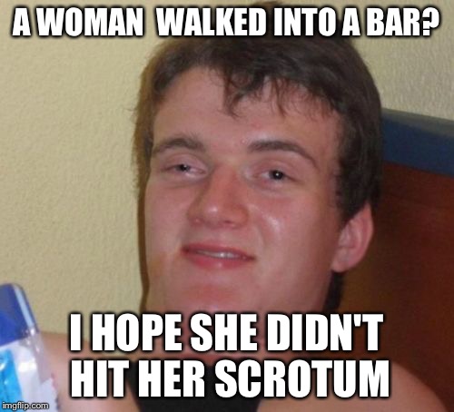 10 Guy | A WOMAN 
WALKED INTO A BAR? I HOPE SHE DIDN'T HIT HER SCROTUM | image tagged in memes,10 guy | made w/ Imgflip meme maker