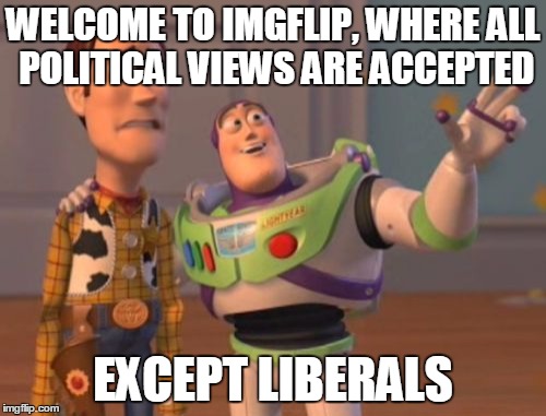 X, X Everywhere Meme | WELCOME TO IMGFLIP, WHERE ALL POLITICAL VIEWS ARE ACCEPTED EXCEPT LIBERALS | image tagged in memes,x x everywhere | made w/ Imgflip meme maker