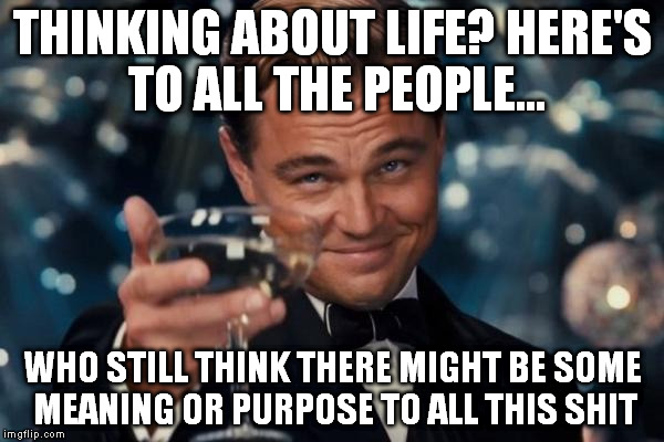 Leonardo Dicaprio Cheers Meme | THINKING ABOUT LIFE? HERE'S TO ALL THE PEOPLE... WHO STILL THINK THERE MIGHT BE SOME MEANING OR PURPOSE TO ALL THIS SHIT | image tagged in memes,leonardo dicaprio cheers | made w/ Imgflip meme maker