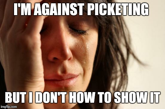 You should picket! Oh, wait... that won't work. | I'M AGAINST PICKETING BUT I DON'T HOW TO SHOW IT | image tagged in memes,first world problems | made w/ Imgflip meme maker