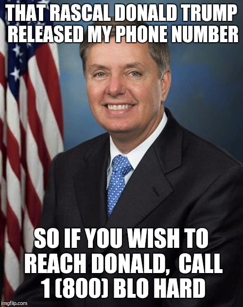  Lindsey graham | THAT RASCAL DONALD TRUMP RELEASED MY PHONE NUMBER SO IF YOU WISH TO REACH DONALD,  CALL 1 (800) BLO HARD | image tagged in lindsey graham,memes,donald trump | made w/ Imgflip meme maker