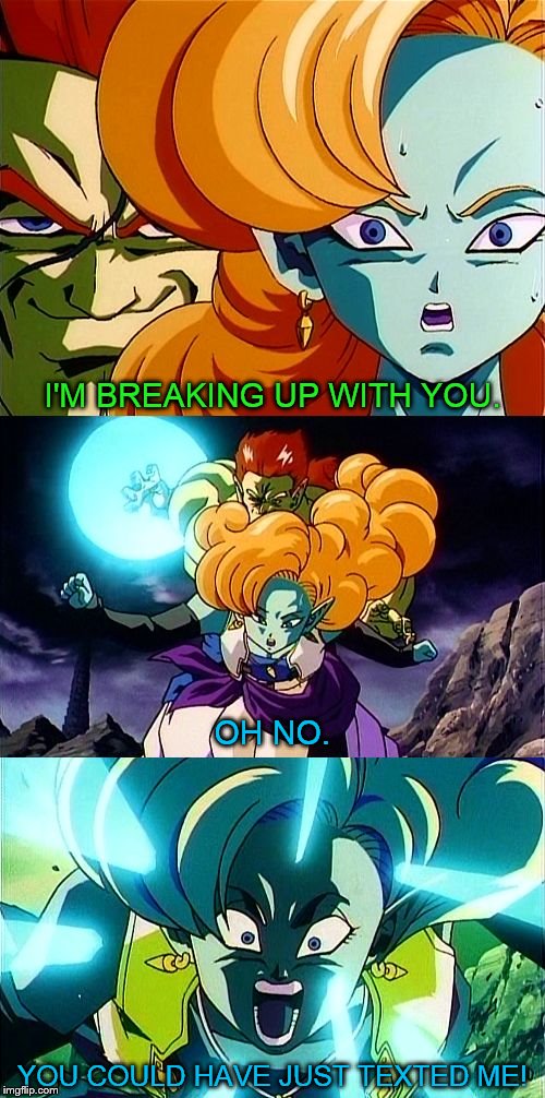 I'M BREAKING UP WITH YOU. YOU COULD HAVE JUST TEXTED ME! OH NO. | image tagged in dbz breakup | made w/ Imgflip meme maker