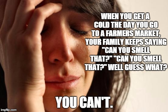 A real-life story: 7/22/2015 | WHEN YOU GET A COLD THE DAY YOU GO TO A FARMERS MARKET, YOUR FAMILY KEEPS SAYING "CAN YOU SMELL THAT?" "CAN YOU SMELL THAT?" WELL GUESS WHAT | image tagged in memes,first world problems | made w/ Imgflip meme maker