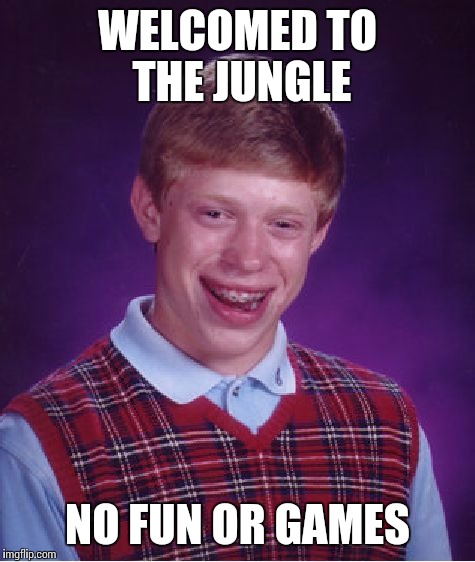 Bad Luck Brian Meme | WELCOMED TO THE JUNGLE NO FUN OR GAMES | image tagged in memes,bad luck brian | made w/ Imgflip meme maker