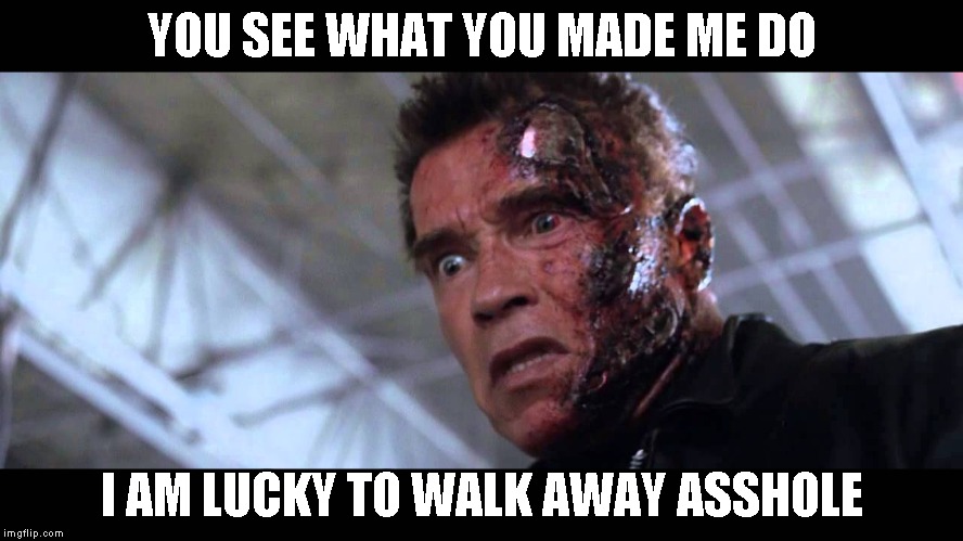 YOU SEE WHAT YOU MADE ME DO I AM LUCKY TO WALK AWAY ASSHOLE | image tagged in terminator | made w/ Imgflip meme maker