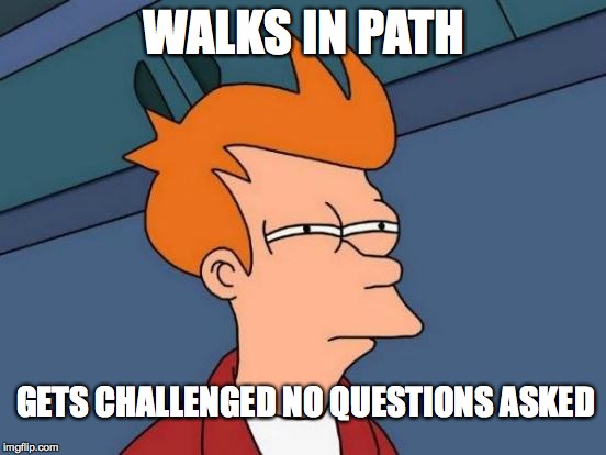 Futurama Fry | WALKS IN PATH GETS CHALLENGED NO QUESTIONS ASKED | image tagged in memes,futurama fry | made w/ Imgflip meme maker
