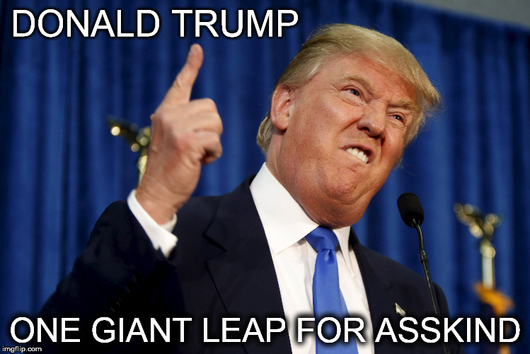 Giant ass leap | DONALD TRUMP ONE GIANT LEAP FOR ASSKIND | image tagged in trump,donald,asskind,hair,popcorn | made w/ Imgflip meme maker