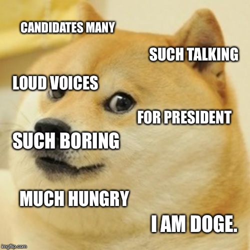 Doge Isn't Impressed With Election 2016 | CANDIDATES MANY SUCH TALKING LOUD VOICES FOR PRESIDENT I AM DOGE. MUCH HUNGRY SUCH BORING | image tagged in doge,funny memes,politics,election 2016 | made w/ Imgflip meme maker