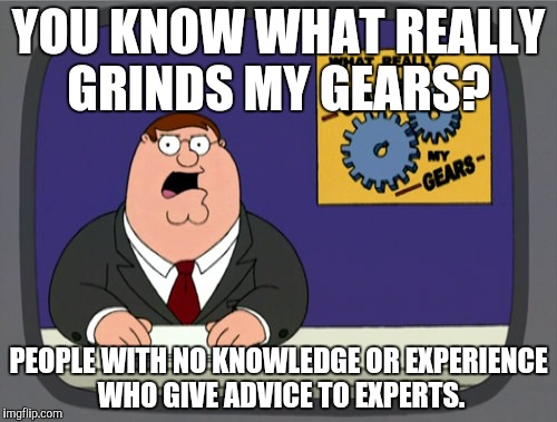 Peter Griffin News | YOU KNOW WHAT REALLY GRINDS MY GEARS? PEOPLE WITH NO KNOWLEDGE OR EXPERIENCE WHO GIVE ADVICE TO EXPERTS. | image tagged in memes,peter griffin news,AdviceAnimals | made w/ Imgflip meme maker