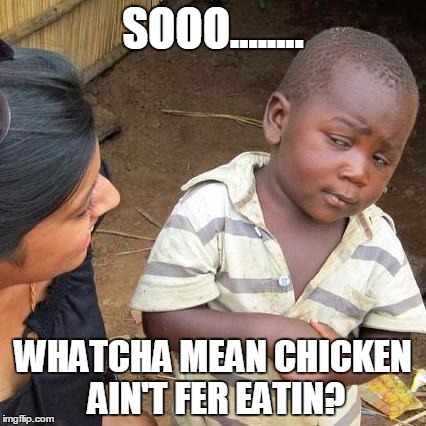 Third World Skeptical Kid Meme | SOOO........ WHATCHA MEAN CHICKEN AIN'T FER EATIN? | image tagged in memes,third world skeptical kid | made w/ Imgflip meme maker