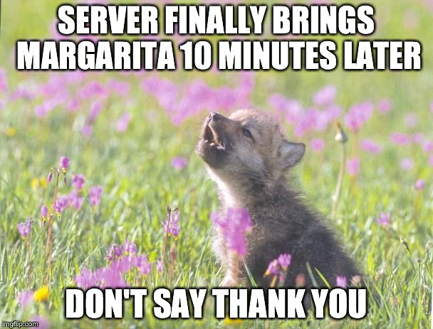 Baby Insanity Wolf Meme | SERVER FINALLY BRINGS MARGARITA 10 MINUTES LATER DON'T SAY THANK YOU | image tagged in memes,baby insanity wolf | made w/ Imgflip meme maker