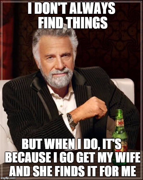 what's a husband? | I DON'T ALWAYS FIND THINGS BUT WHEN I DO, IT'S BECAUSE I GO GET MY WIFE AND SHE FINDS IT FOR ME | image tagged in memes,the most interesting man in the world | made w/ Imgflip meme maker