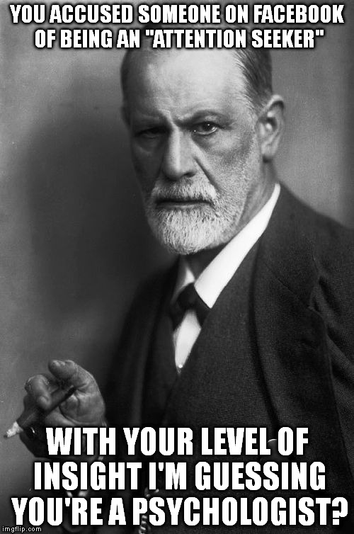 Sigmund Freud | YOU ACCUSED SOMEONE ON FACEBOOK OF BEING AN "ATTENTION SEEKER" WITH YOUR LEVEL OF INSIGHT I'M GUESSING YOU'RE A PSYCHOLOGIST? | image tagged in memes,sigmund freud | made w/ Imgflip meme maker
