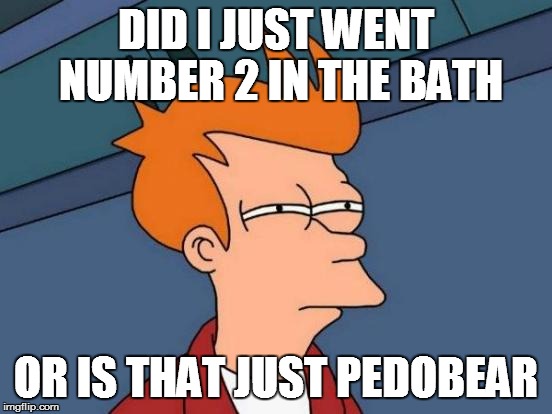 Futurama Fry Meme | DID I JUST WENT NUMBER 2 IN THE BATH OR IS THAT JUST PEDOBEAR | image tagged in memes,futurama fry | made w/ Imgflip meme maker