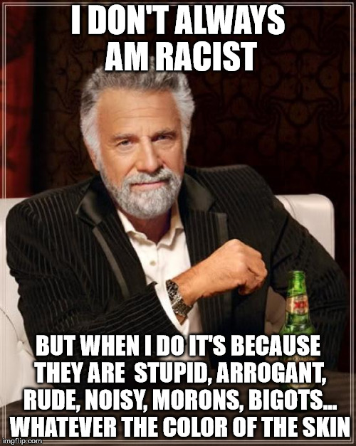 The Most Interesting Man In The World Meme | I DON'T ALWAYS AM RACIST BUT WHEN I DO IT'S BECAUSE THEY ARE  STUPID, ARROGANT, RUDE, NOISY, MORONS, BIGOTS... WHATEVER THE COLOR OF THE SKI | image tagged in memes,the most interesting man in the world | made w/ Imgflip meme maker