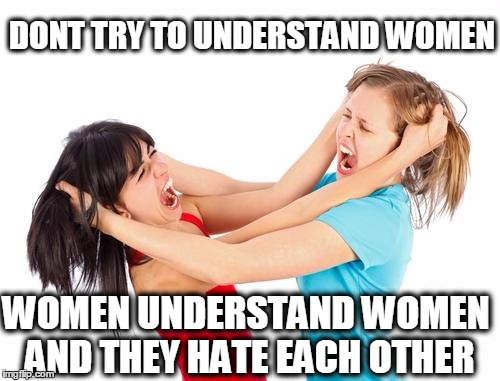 women at my work love to hate each other, and im the one guy in the office over here like =] | DONT TRY TO UNDERSTAND WOMEN WOMEN UNDERSTAND WOMEN AND THEY HATE EACH OTHER | image tagged in kidsfight,girl,fighting | made w/ Imgflip meme maker