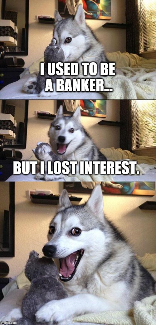 Bad Pun Dog | I USED TO BE A BANKER... BUT I LOST INTEREST. | image tagged in memes,bad pun dog | made w/ Imgflip meme maker