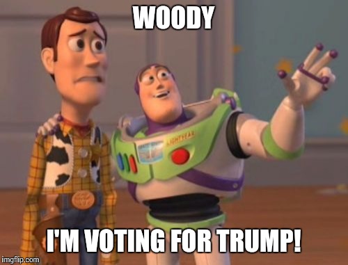 X, X Everywhere | WOODY I'M VOTING FOR TRUMP! | image tagged in memes,x x everywhere | made w/ Imgflip meme maker