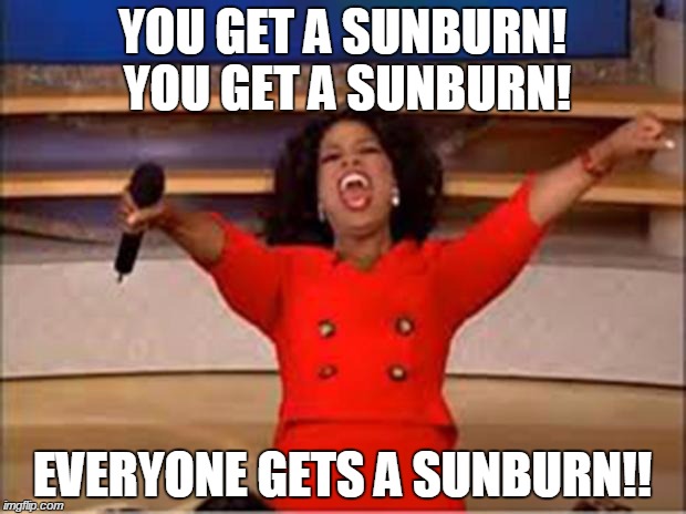 Oprah You Get A | YOU GET A SUNBURN! YOU GET A SUNBURN! EVERYONE GETS A SUNBURN!! | image tagged in oprah you get a car | made w/ Imgflip meme maker