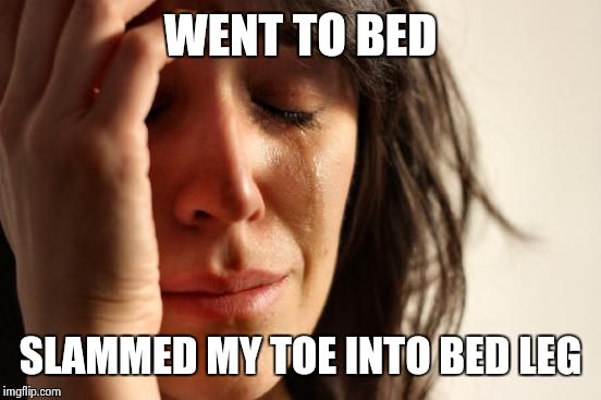 First World Problems | WENT TO BED SLAMMED MY TOE INTO BED LEG | image tagged in memes,first world problems | made w/ Imgflip meme maker