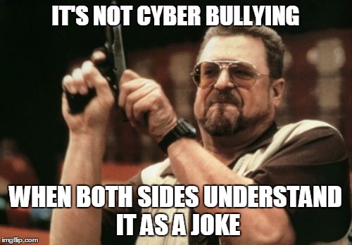 Am I The Only One Around Here Meme | IT'S NOT CYBER BULLYING WHEN BOTH SIDES UNDERSTAND IT AS A JOKE | image tagged in memes,am i the only one around here | made w/ Imgflip meme maker