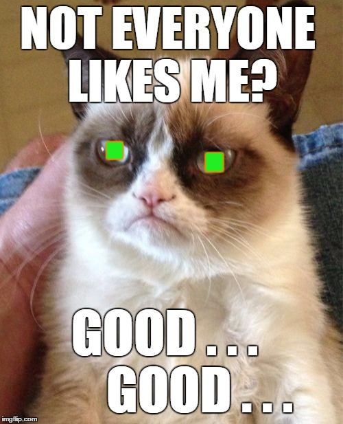 Grumpy Cat Meme | . . NOT EVERYONE LIKES ME? GOOD . . .        GOOD . . . | image tagged in memes,grumpy cat | made w/ Imgflip meme maker