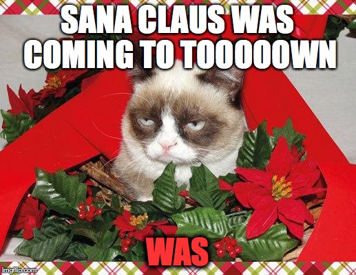 Grumpy Cat Mistletoe | SANA CLAUS WAS COMING TO TOOOOOWN WAS | image tagged in memes,grumpy cat mistletoe,grumpy cat | made w/ Imgflip meme maker
