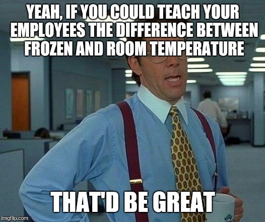 That Would Be Great Meme | YEAH, IF YOU COULD TEACH YOUR EMPLOYEES THE DIFFERENCE BETWEEN FROZEN AND ROOM TEMPERATURE THAT'D BE GREAT | image tagged in memes,that would be great,AdviceAnimals | made w/ Imgflip meme maker