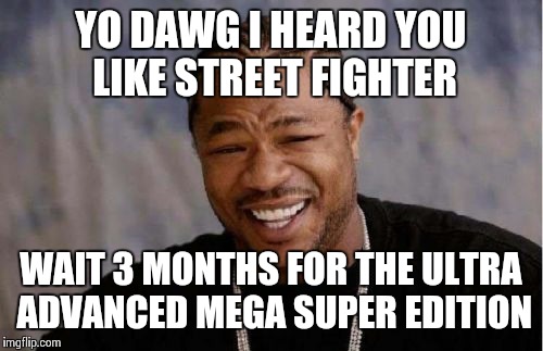 Yo Dawg Heard You | YO DAWG I HEARD YOU LIKE STREET FIGHTER WAIT 3 MONTHS FOR THE ULTRA ADVANCED MEGA SUPER EDITION | image tagged in memes,yo dawg heard you | made w/ Imgflip meme maker