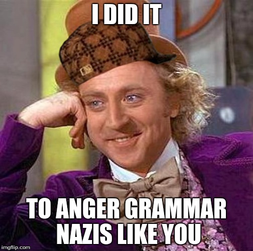 Creepy Condescending Wonka Meme | I DID IT TO ANGER GRAMMAR NAZIS LIKE YOU | image tagged in memes,creepy condescending wonka,scumbag | made w/ Imgflip meme maker