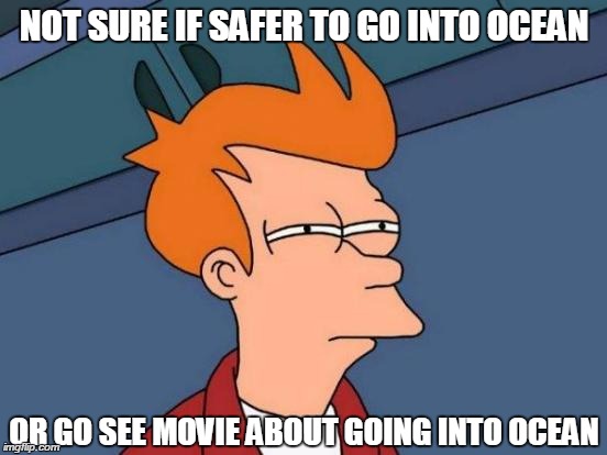 It's a Sharknado out there! | NOT SURE IF SAFER TO GO INTO OCEAN OR GO SEE MOVIE ABOUT GOING INTO OCEAN | image tagged in memes,futurama fry,james holmes,movie theatre | made w/ Imgflip meme maker
