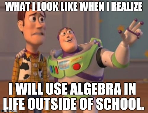 X, X Everywhere Meme | WHAT I LOOK LIKE WHEN I REALIZE I WILL USE ALGEBRA IN LIFE OUTSIDE OF SCHOOL. | image tagged in memes,x x everywhere | made w/ Imgflip meme maker