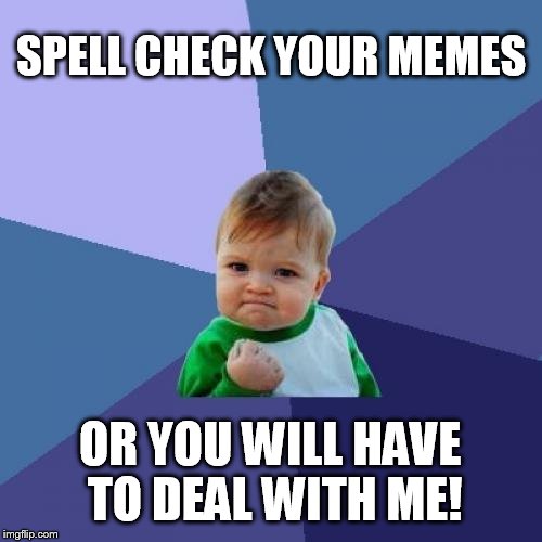 Spell Check It Jerk! | SPELL CHECK YOUR MEMES OR YOU WILL HAVE TO DEAL WITH ME! | image tagged in memes,success kid | made w/ Imgflip meme maker
