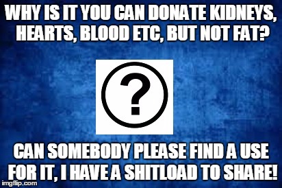 donations | WHY IS IT YOU CAN DONATE KIDNEYS, HEARTS, BLOOD ETC, BUT NOT FAT? CAN SOMEBODY PLEASE FIND A USE FOR IT, I HAVE A SHITLOAD TO SHARE! | image tagged in fat,donate | made w/ Imgflip meme maker