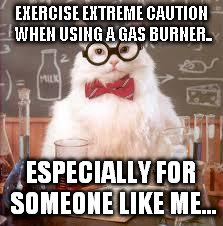 Science Cat | EXERCISE EXTREME CAUTION WHEN USING A GAS BURNER.. ESPECIALLY FOR SOMEONE LIKE ME... | image tagged in science cat | made w/ Imgflip meme maker
