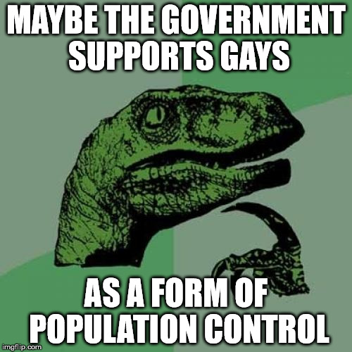 Philosoraptor | MAYBE THE GOVERNMENT SUPPORTS GAYS AS A FORM OF POPULATION CONTROL | image tagged in memes,philosoraptor | made w/ Imgflip meme maker