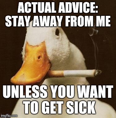 He's not kidding. | ACTUAL ADVICE: STAY AWAY FROM ME UNLESS YOU WANT TO GET SICK | image tagged in smoking duck,memes | made w/ Imgflip meme maker